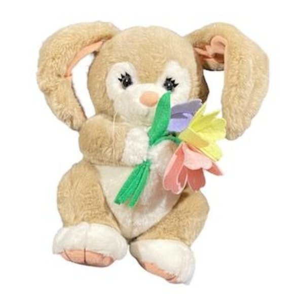 Dakin "tulip tickle bunny" tan plush rabbit holding flowers, wired lop ears 12" - Picture 2 of 10